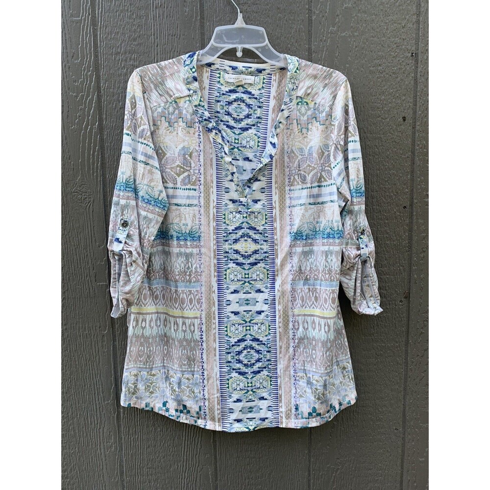 Farmers Market L Multicolored Blouse Geometric White Roll Sleeve